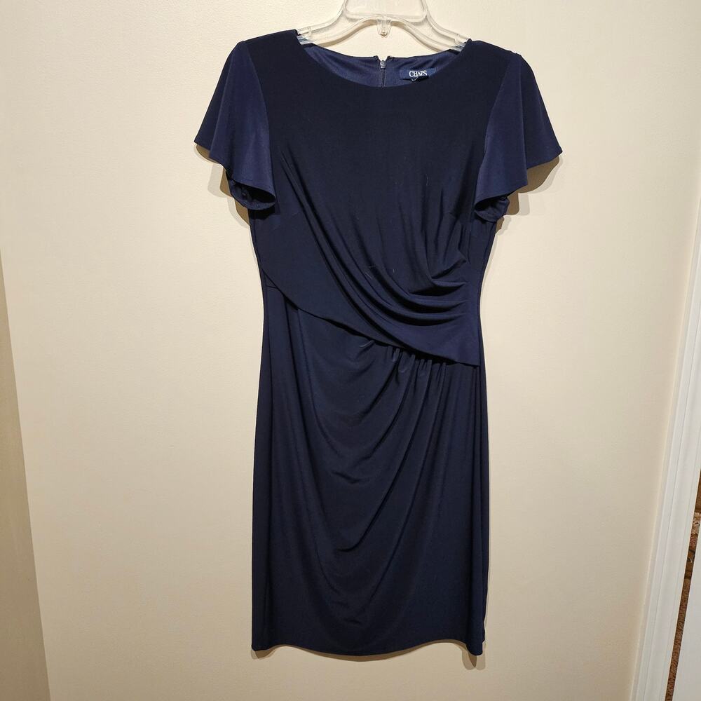 Chaps Navy Blue Short Sleeve Knee Length Ruffle Wrap Dress Small